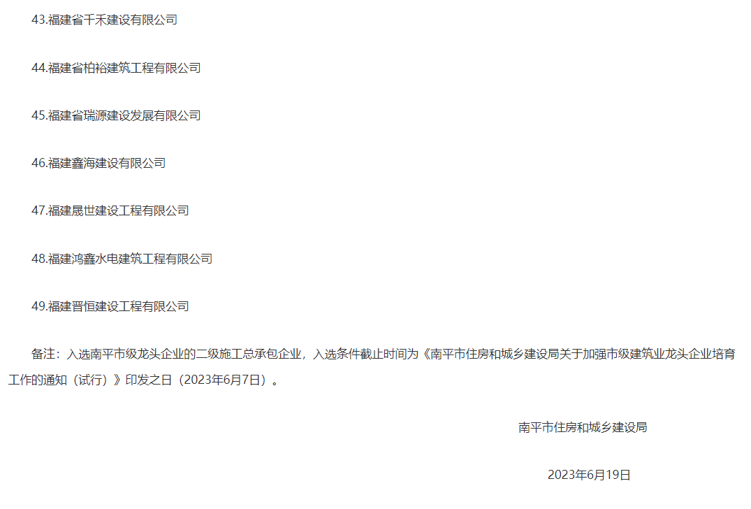 易順建工集團有限公司被評為南平市市級建筑業(yè)龍頭企業(yè)。